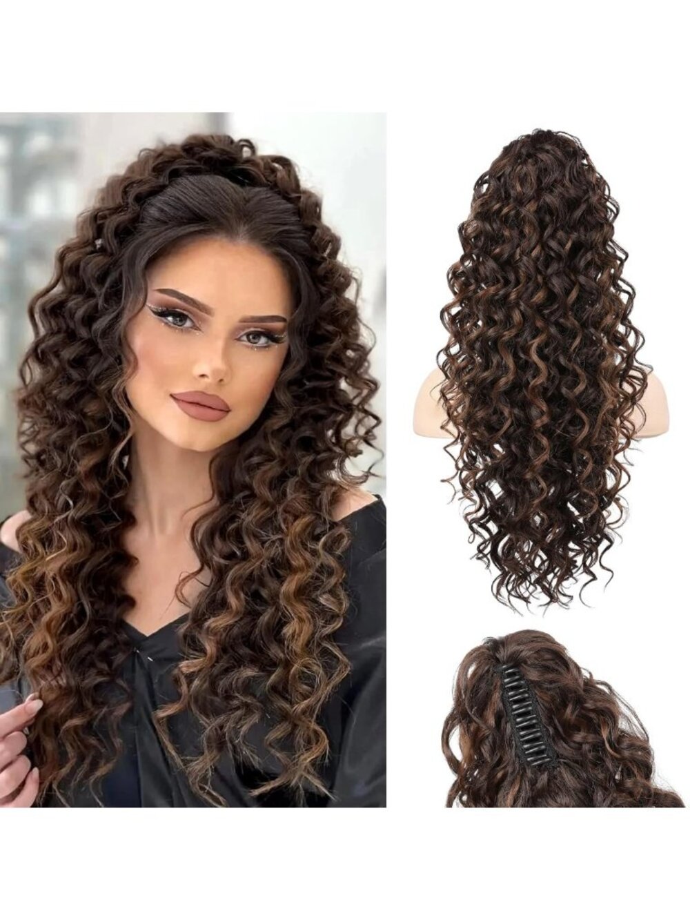 24" Curly Wavy Clip-In Ponytail Extension - Fluffy Soft Synthetic Hair Piece